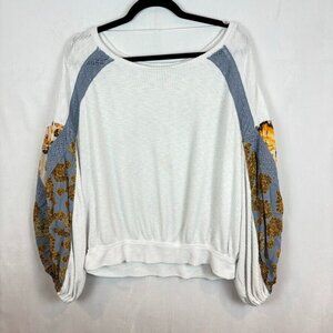 Free People White and Blue Blouse with Floral Accents